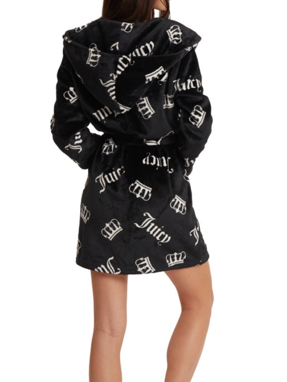Juicy Couture Black Plush Hooded Logo Wrap Robe S